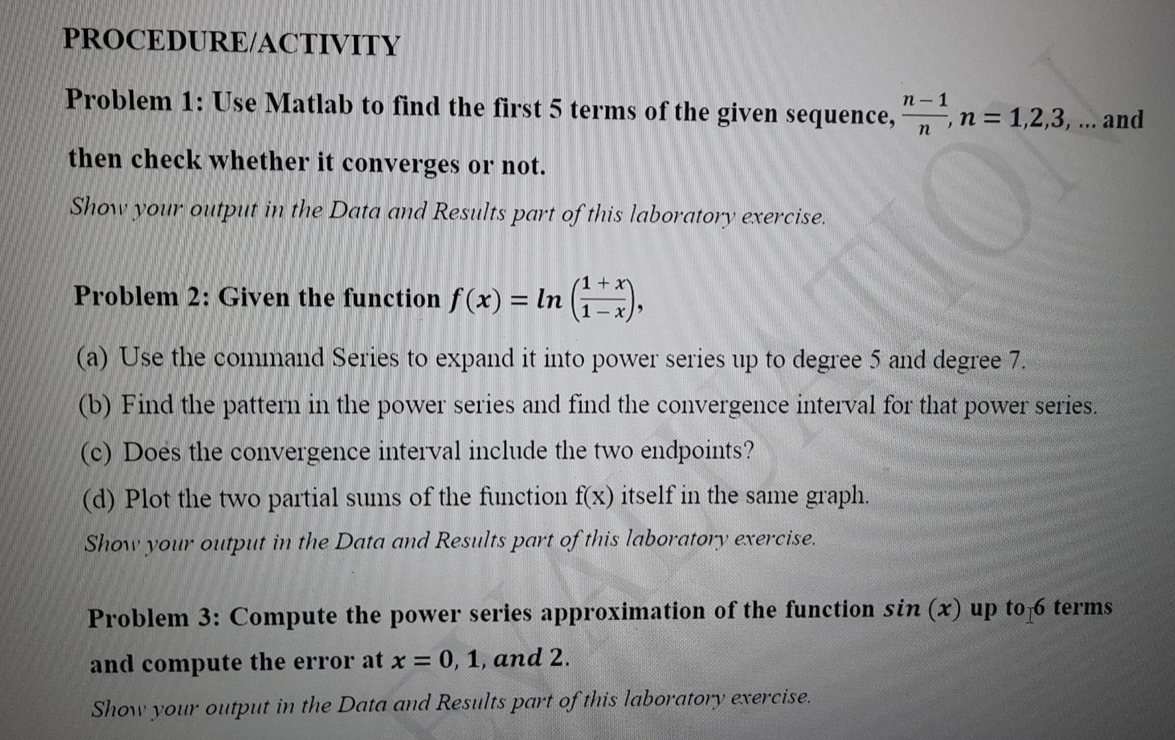 Solved PROCEDURE/ACTIVITY Problem 1: Use Matlab to find the | Chegg.com