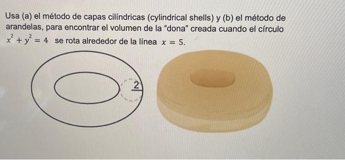 Usa (a) el método de capas cilindricas (cylindrical shells) y (b) el método de arandelas, para encontrar el volumen de la do