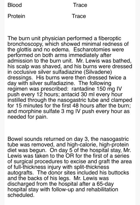 Blood Trace Protein Trace The burn unit physician performed a fiberoptic bronchoscopy, which showed minimal redness of the gl