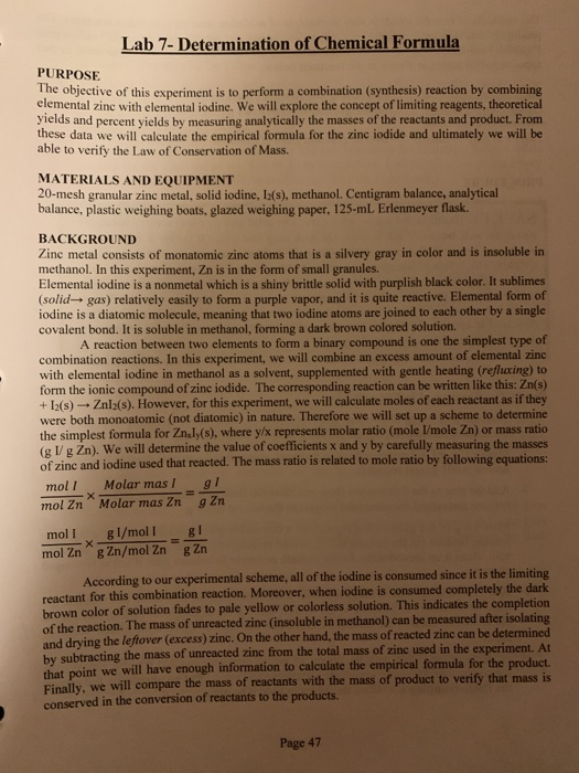 Lab 7- Determination of Chemical Formula PURPOSE The | Chegg.com