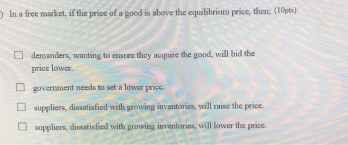 Solved -) In a free market, if the price of a good is above | Chegg.com