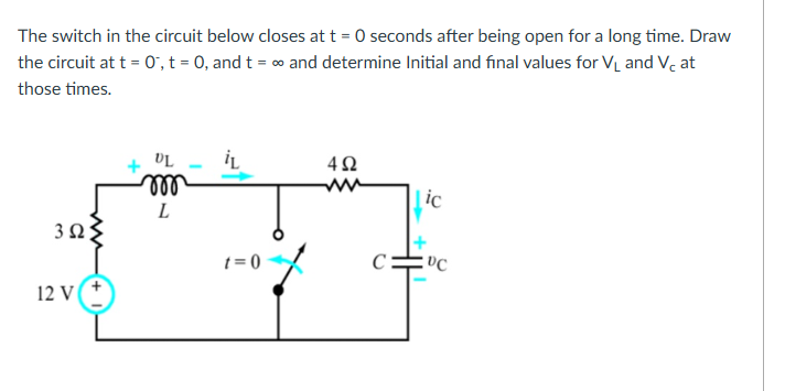 Solved The switch in ﻿the circuit below closes at t=0 | Chegg.com