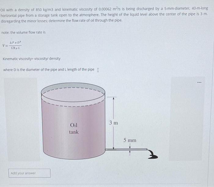 Solved Oil With A Density Of 850 Kg/m3 And Kinematic | Chegg.com