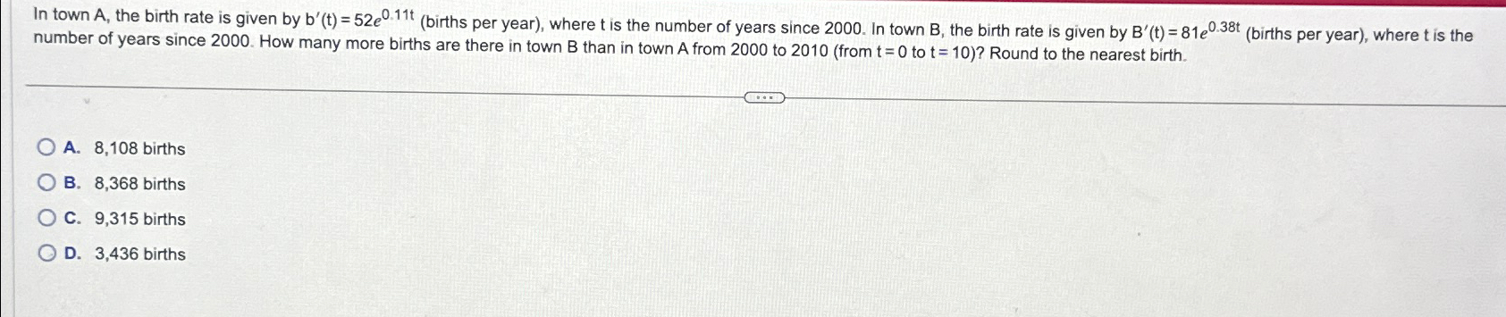 Solved In town A, ﻿the birth rate is given by | Chegg.com