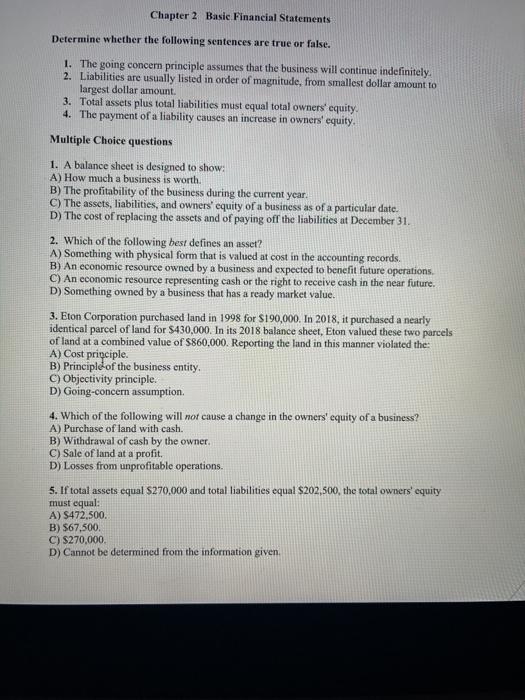 Solved Chapter 2 Basic Financial Statements Determine