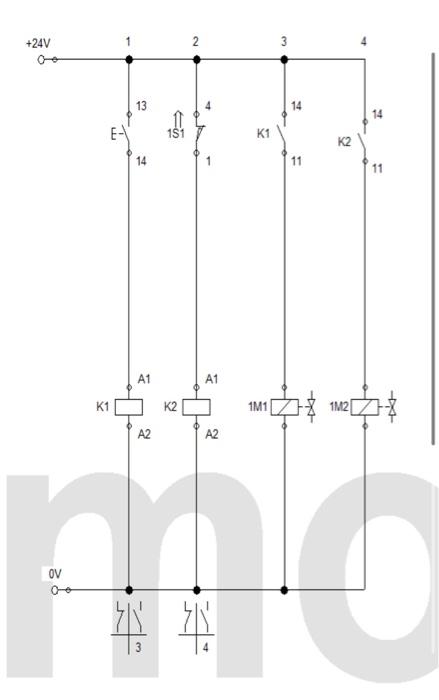 Solved +24V 13 E- 2 3 14 K1 11 K2 14 A1 A1 K1 1M1 1M2 A2 cle | Chegg.com