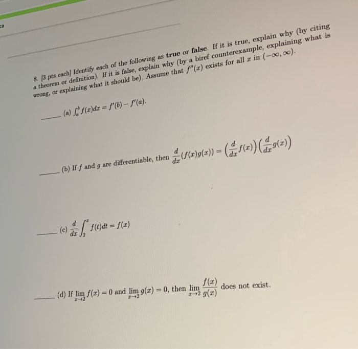Solved 8 3 pts each/ Identify each of the following as true | Chegg.com