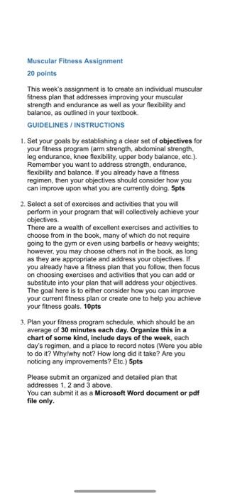 Solved Muscular Fitness Assignment 20 points This week's