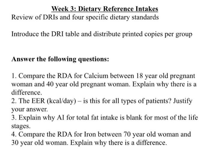 Week 3: Dietary Reference Intakes Review of DRIs and four specific dietary standards Introduce the DRI table and distribute p