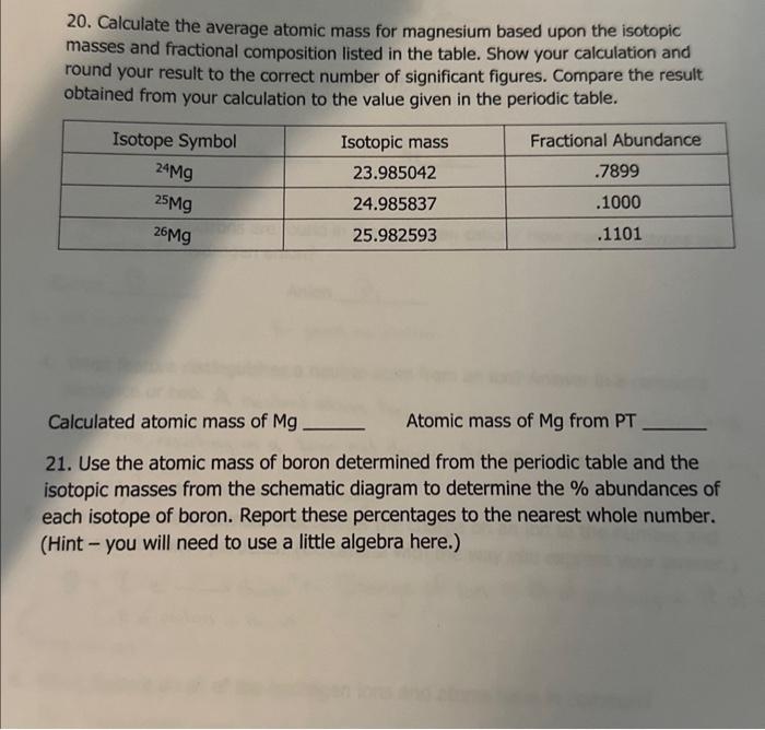 Solved 20. Calculate the average atomic mass for magnesium