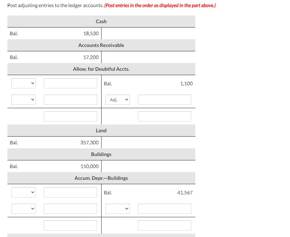 Post adjusting entries to the ledger accounts. (Post | Chegg.com