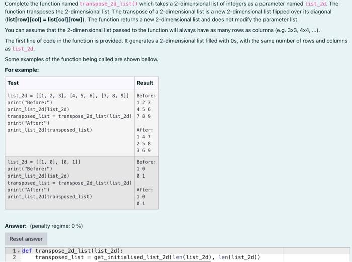 Solved Complete the function named transpose_2d_list() which | Chegg.com