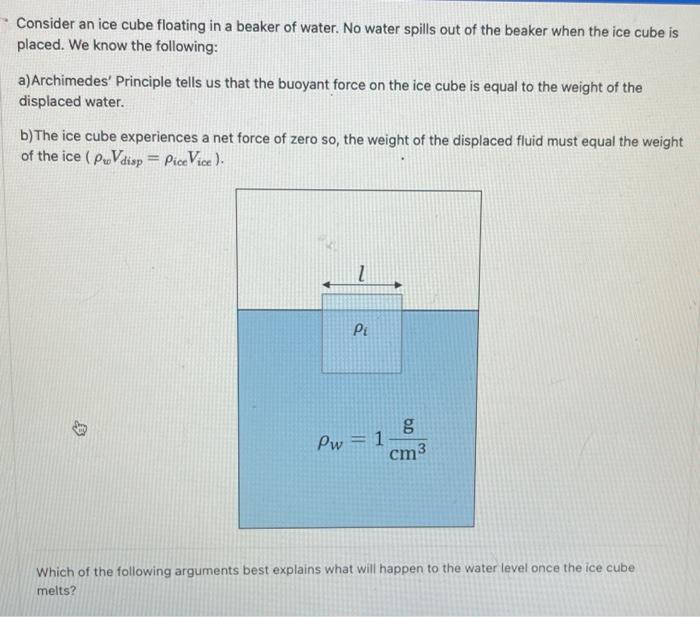 Solved Consider an ice cube floating in a beaker of water.