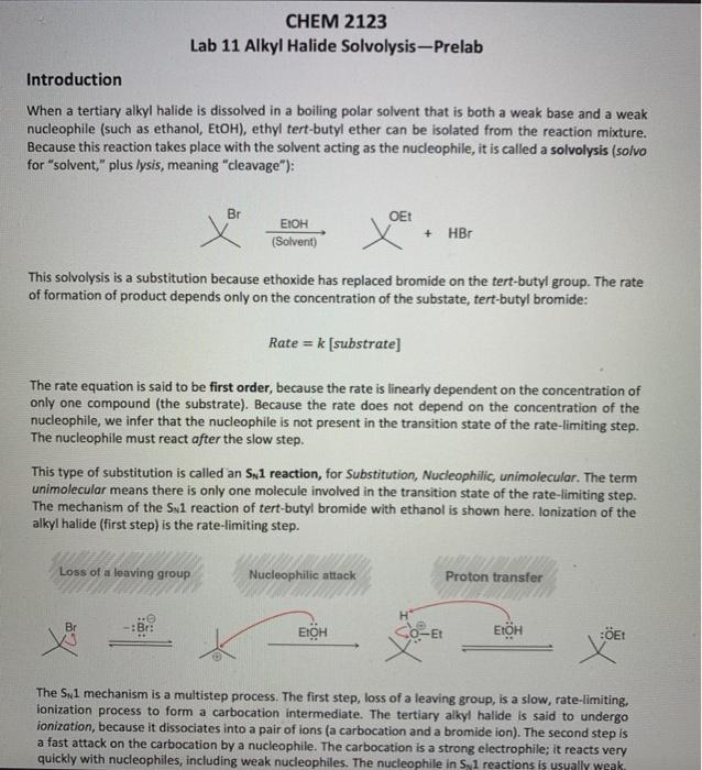 Solved CHEM 2123 Lab 11 Alkyl Halide Solvolysis-Prelab | Chegg.com