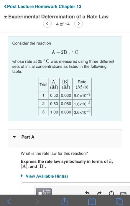 Solved Consider the reaction A +2B=C whose rate at 25°C was | Chegg.com