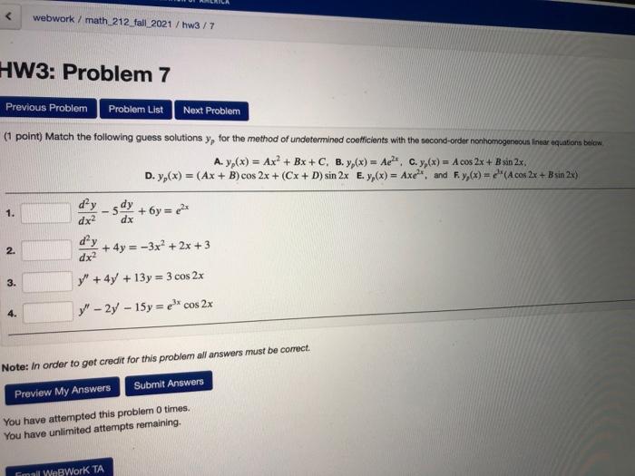 Solved webwork / math 212 fall 2021 /hw3 / 7 HW3: Problem 7 | Chegg.com