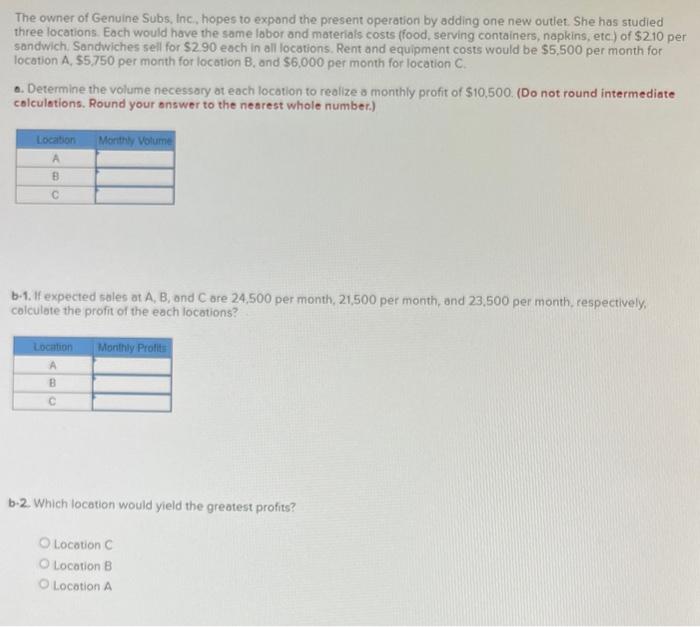 Solved The owner of Genuine Subs, Inc, hopes to expond the | Chegg.com
