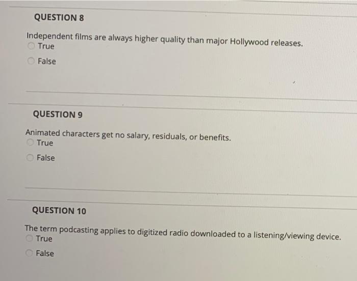 Solved QUESTION 8 Independent films are always higher | Chegg.com