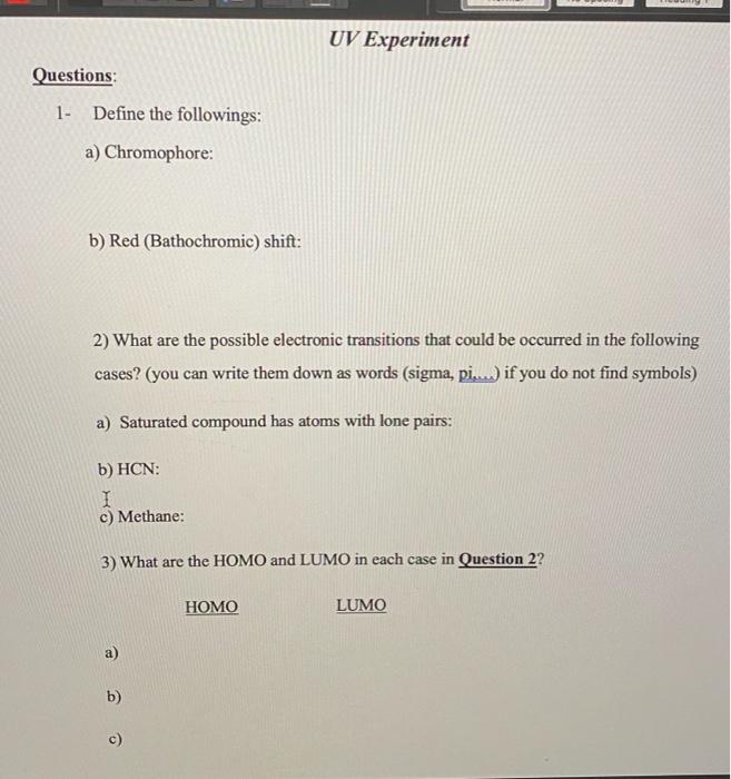 Solved UV Experiment Questions: 1- Define the followings: a) | Chegg.com