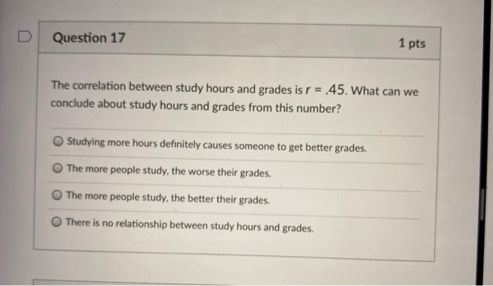 Solved Question 17 1 pts The correlation between study hours | Chegg.com