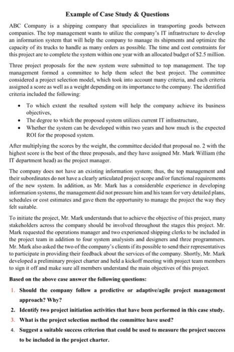 Solved Example of Case Study & Questions ABC Company is a | Chegg.com