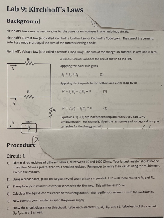 Solved Lab 9: Kirchhoff's Laws Background Kirchhoff's Laws | Chegg.com