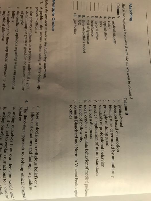 Solved Match The Responses In Column B With The Correct Term | Chegg.com