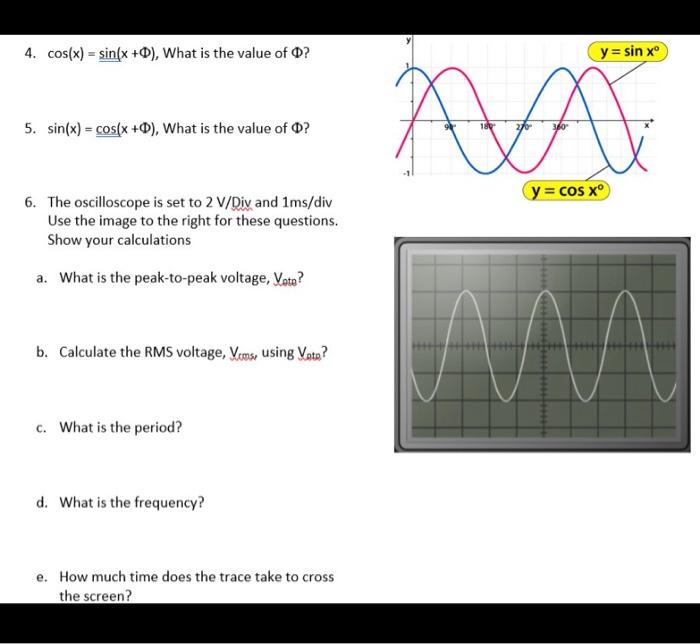 4. \( \cos (x)=\sin (x+\Phi) \), What is the value of \( \Phi \) ?
5. \( \sin (x)=\cos (x+\Phi) \), What is the value of \( \