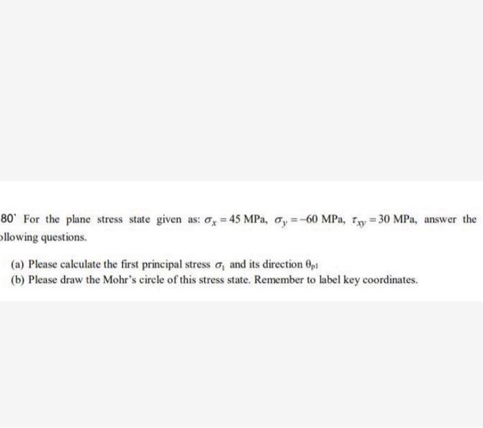 Solved 80' For the plane stress state given as: 0x = 45 MPa, | Chegg.com
