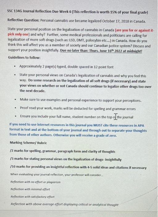SSC 134G Journal Reflection Due Week 6 (This | Chegg.com