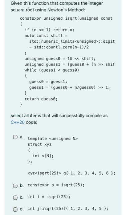 Solved Given this function that computes the integer square | Chegg.com