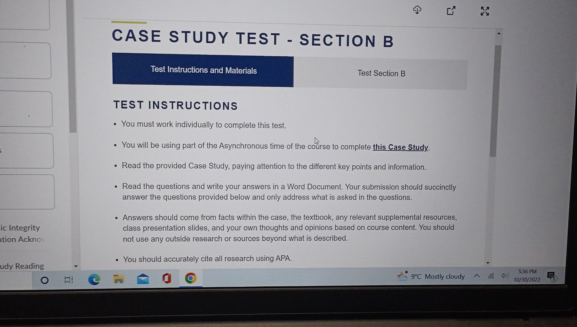 CASE STUDY TEST - SECTION B Test Instructions And | Chegg.com | Chegg.com