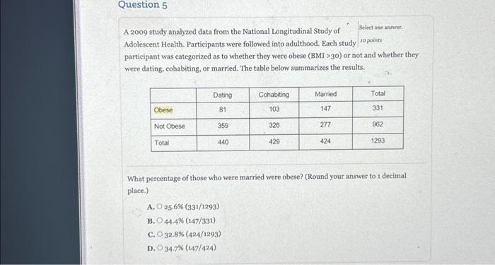 Solved A 2009 study analyzed data from the National | Chegg.com