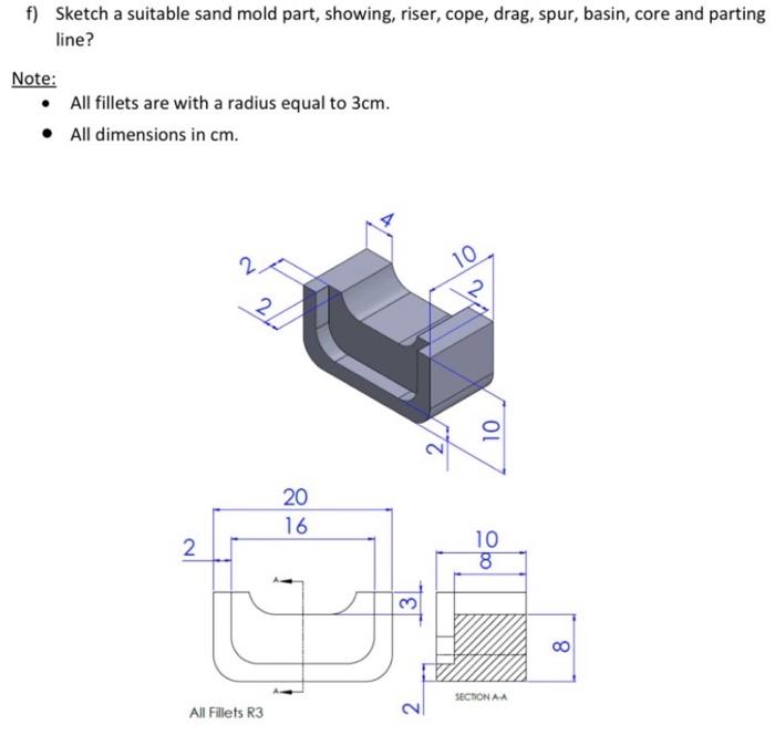 Solved f) Sketch a suitable sand mold part, showing, riser, | Chegg.com