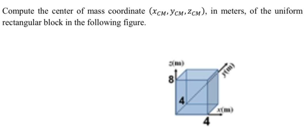 Uniform Rectangular Block Solved Compute the center of mass coordinate (xCM,yCM,zCM), | Chegg.com