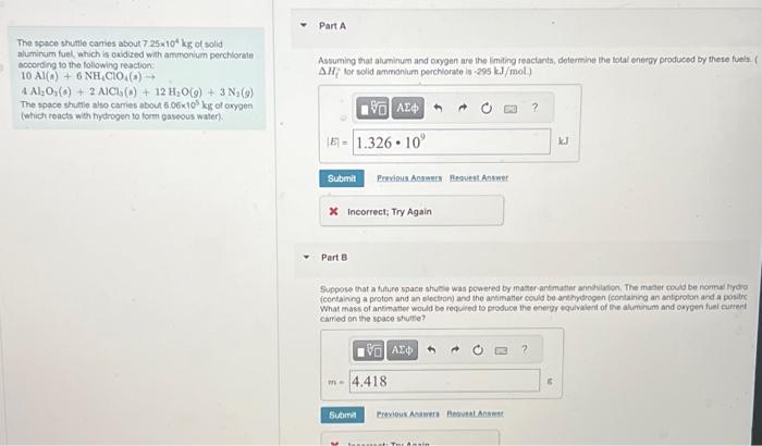 Solved Part A The space shumle canies about 7.25×104 kg of | Chegg.com