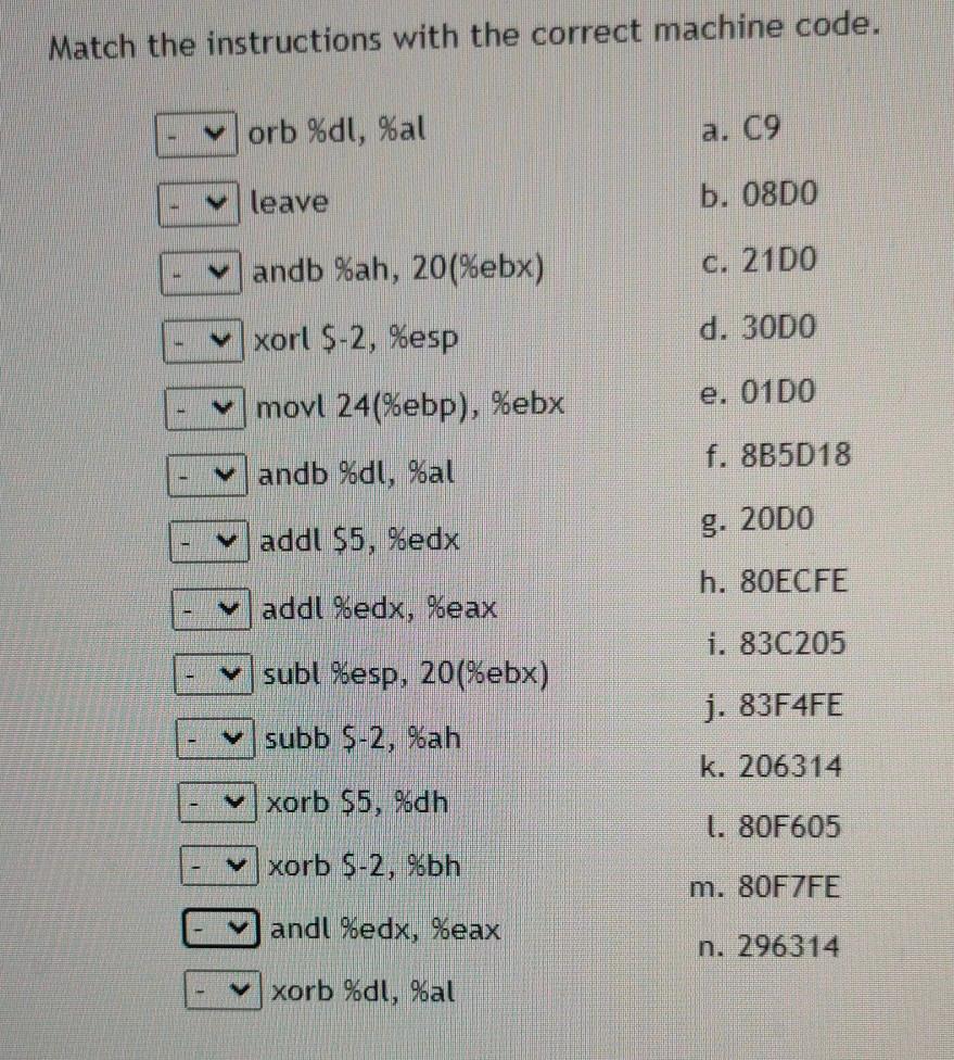 Solved Match the instructions with the correct machine code 