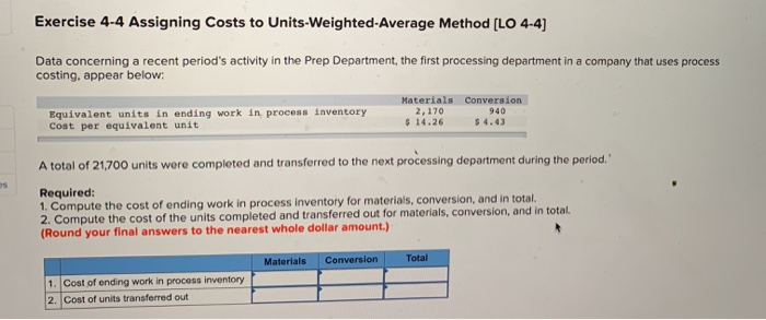 Solved Exercise 4-4 Assigning Costs to Units-Weighted | Chegg.com