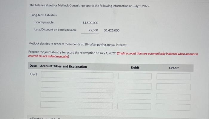 Solved The balance sheet for Metlock Consulting reports the | Chegg.com