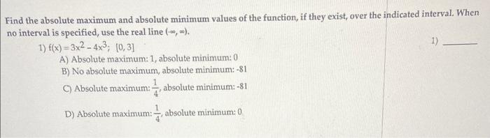 Solved Find the absolute maximum and absolute minimum values | Chegg.com