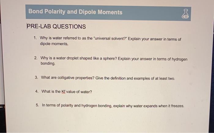 Solved Bond Polarity and Dipole Moments PRE-LAB QUESTIONS 1 