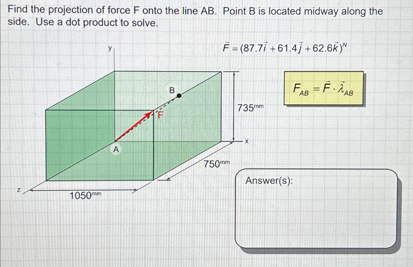 Solved Find the projection of force F ﻿onto the line AB. | Chegg.com