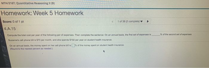 Solved MTH/216T: Quantitative Reasoning (B) Homework: Week 5 | Chegg.com