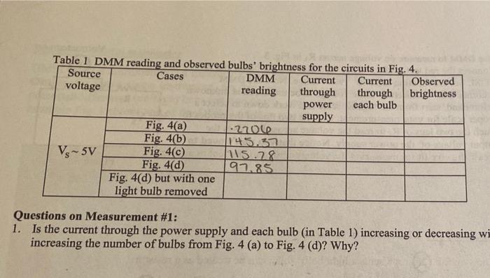 Solved Table 3 DMM reading and observed bulbs brightness for | Chegg.com
