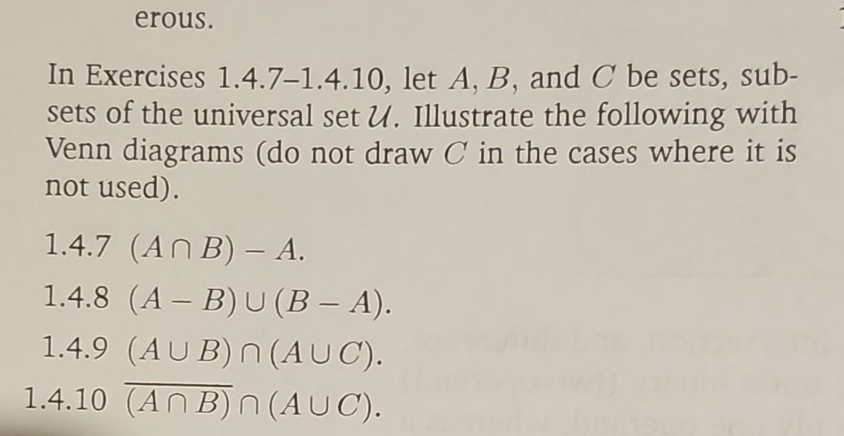 Solved In Exercises 1.4.7-1.4.10, Let A,B, And C Be Sets, | Chegg.com