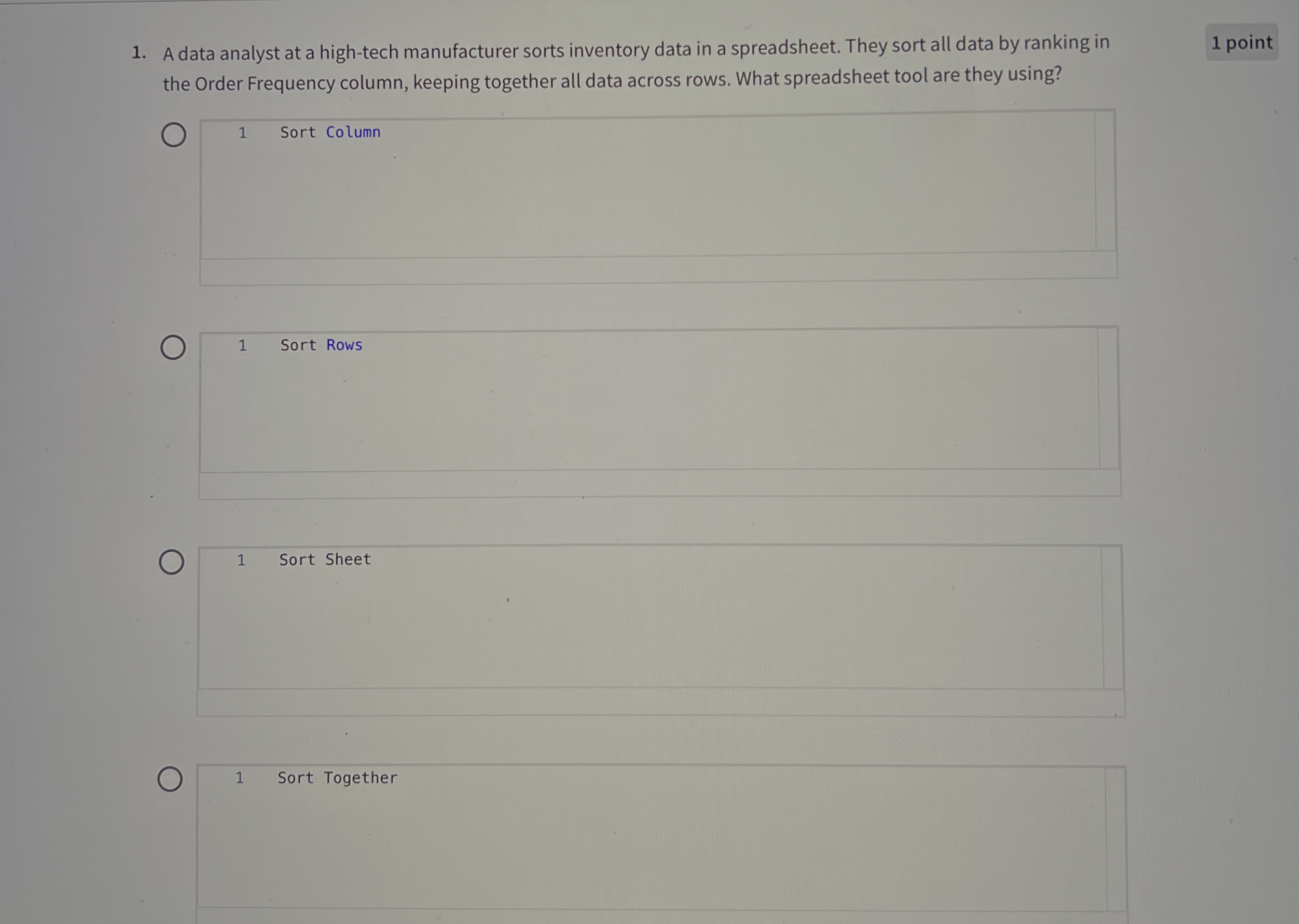 Solved A data analyst at a high-tech manufacturer sorts | Chegg.com