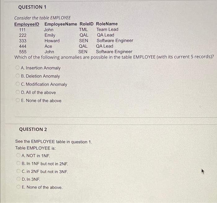 Solved QUESTION 1 Consider the table EMPLOYEE Employeeld | Chegg.com
