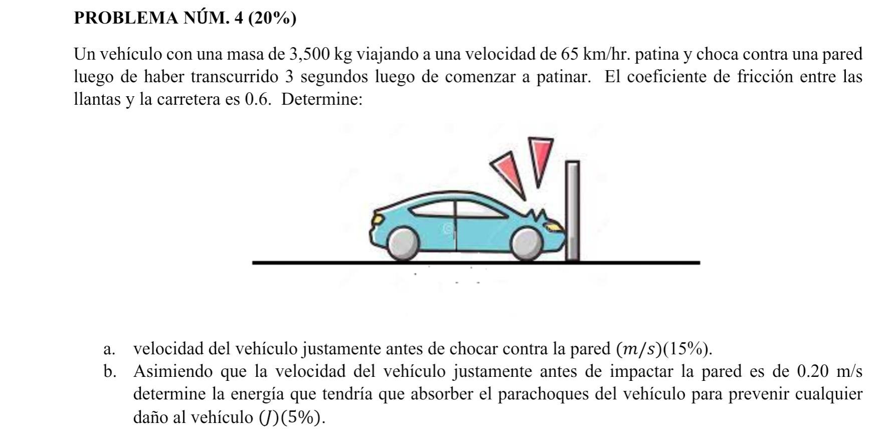 Un vehículo con una masa de \( 3,500 \mathrm{~kg} \) viajando a una velocidad de \( 65 \mathrm{~km} / \mathrm{hr} \). patina