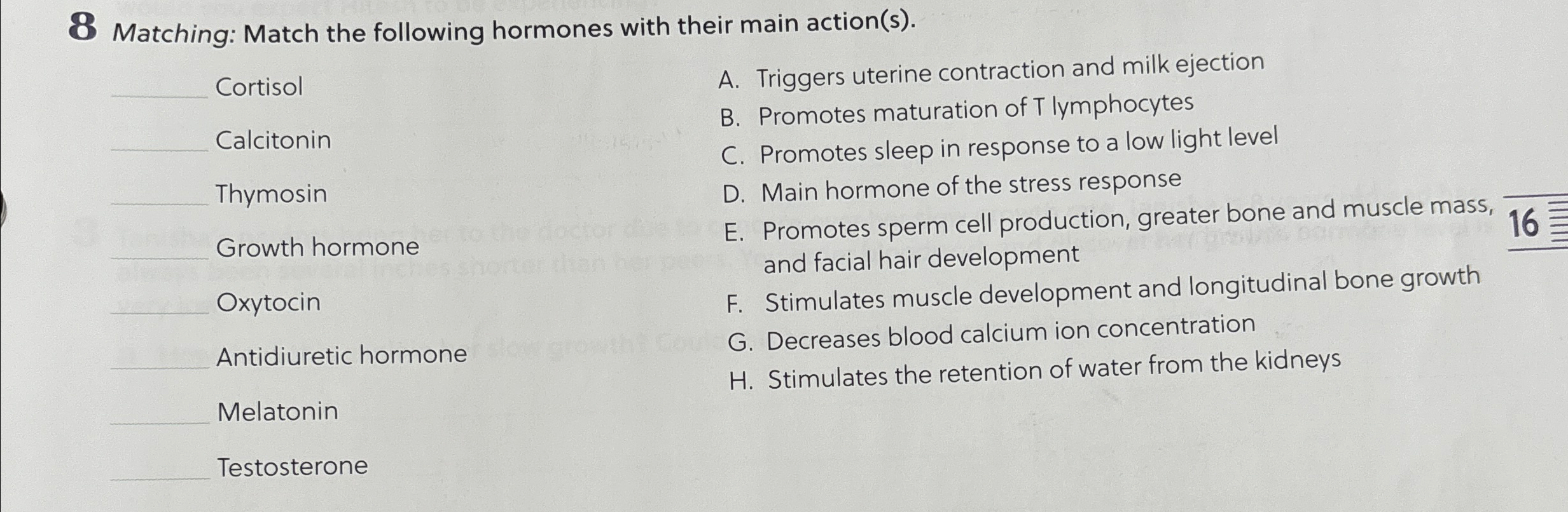Solved 8 ﻿Matching: Match the following hormones with their | Chegg.com