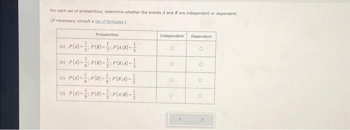 Solved For Each Set Of Probabilities, Determine Whether The | Chegg.com